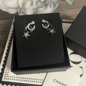 CHANEL 2023 Silver & Black Crystal CC Star Stud & Ear Climber Earrings